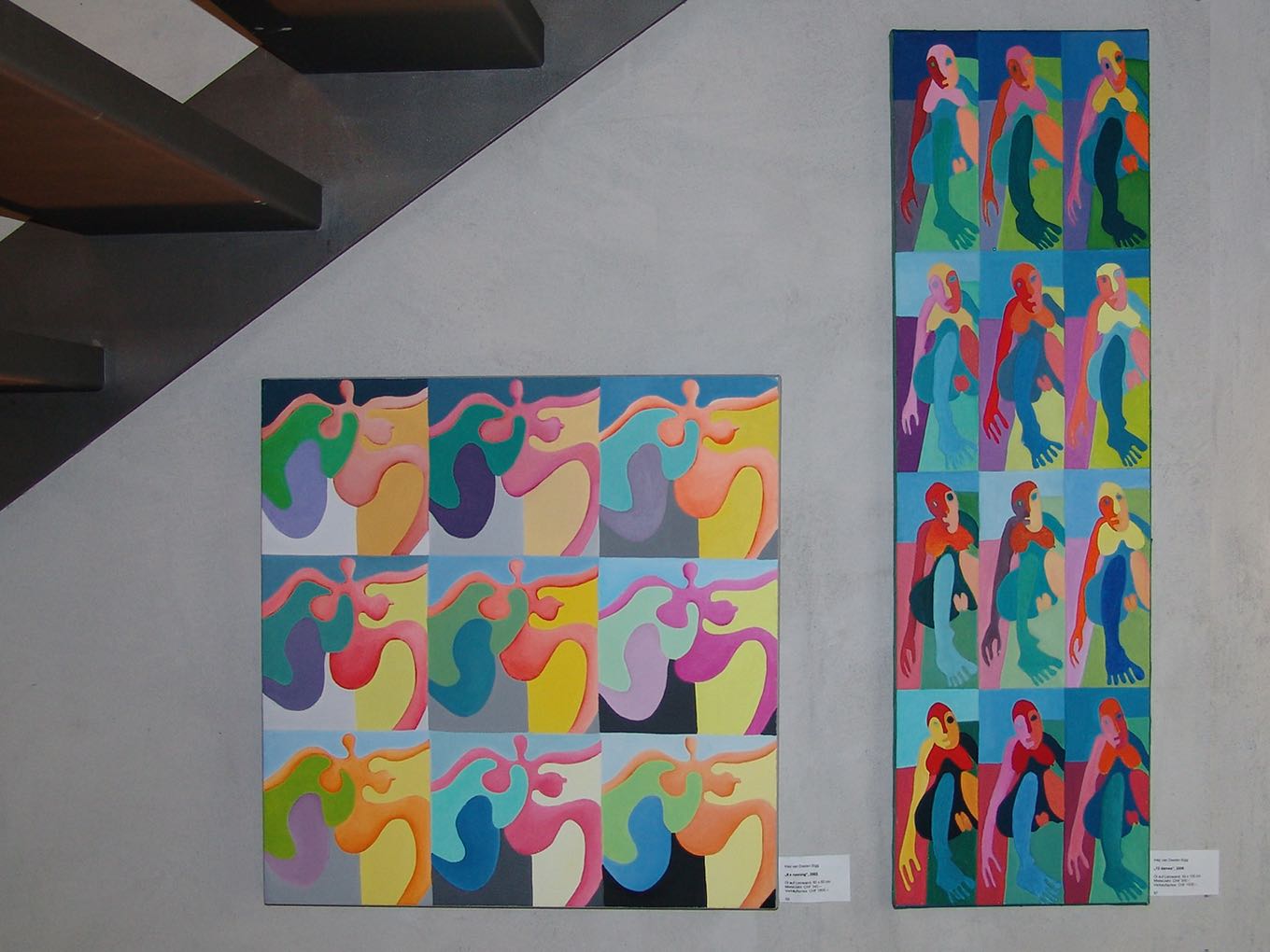 Inez van Deelen Sigg: (l.) 9 x Running, 2003, 60 x60cm, (r.) 12 Dames, 2006, 30 x 100cm. Beide: Öl auf Leinwand.